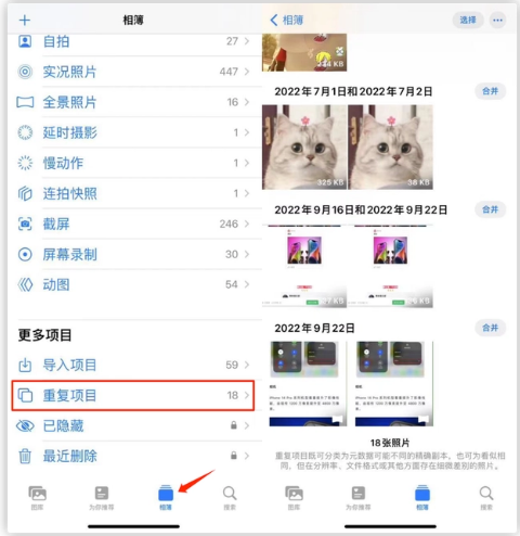 汉滨苹果手机维修分享iOS 16 中相册重复项目功能使用方法 