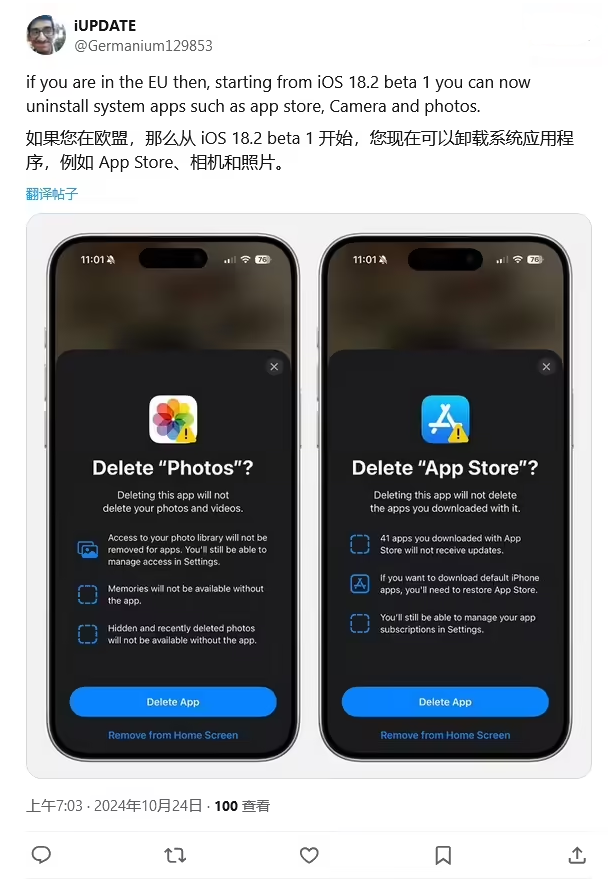 汉滨苹果手机维修分享iOS 18.2 支持删除 App Store 应用商店 