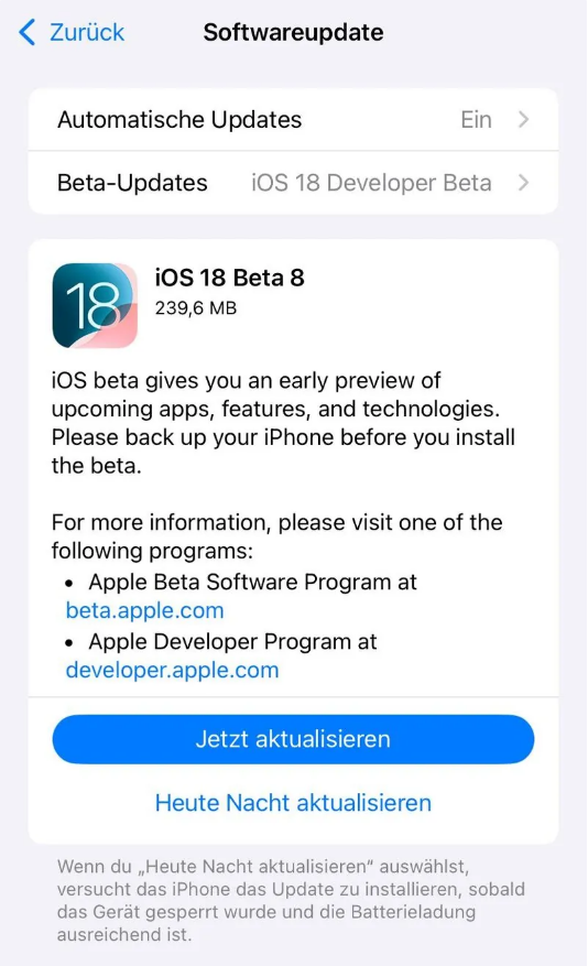 汉滨苹果手机维修分享苹果 iOS / iPadOS 18 开发者预览版 Beta 8 发布 